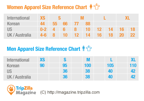 Korean apparel size chart