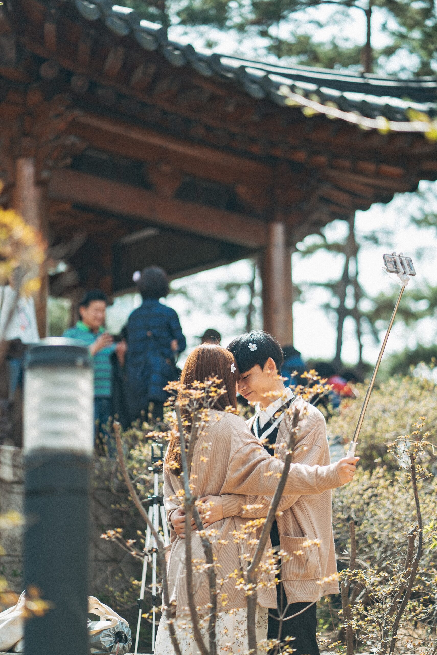 A couple taking a photo during the cherry blossom festival.